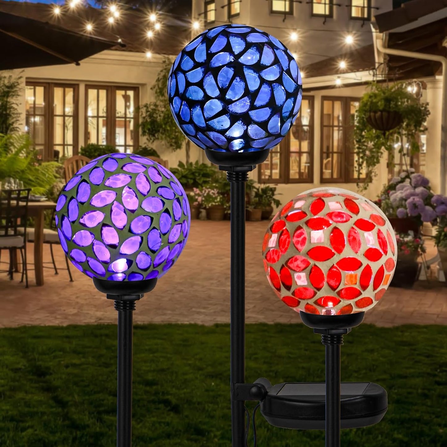 VCUTEKA Solar Garden Decorative Lights Outdoor, Mosaic Solar Light Waterproof LED Pathway Stake Light for Landscape Patio Yard Deck Walkway Decoration, 3 Pack （Blue&Purple&Red）