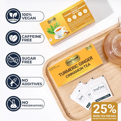 LeafLea Turmeric Ginger Cinnamon Tea, 120 Individually Wrapped Tea Bags, 100% Natural Herbal Blend with Pure Ginger and Turmeric, Supports Digestion & Immune Health, Caffeine-Free, No Sugar