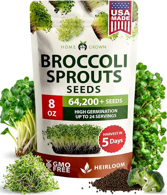 HOME GROWN Broccoli Seeds 8 oz - for Sprouting or Microgreens 𝗡𝗢𝗡-𝗚𝗠𝗢 𝗨𝗦𝗔-𝗦𝗢𝗨𝗥𝗖𝗘𝗗 High Germination Sprout Seeds Nutritious Micro Greens - Broccoli Sprouts in 5 days - Sulforaphane Rich