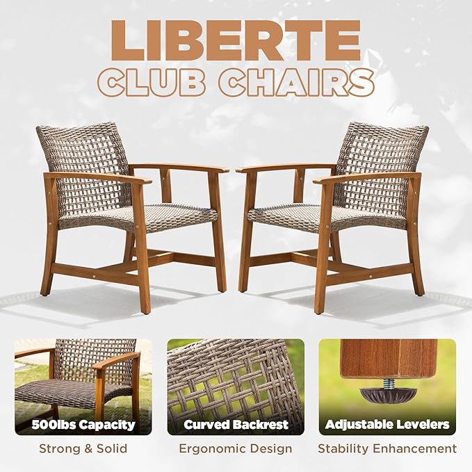 IDZO Liberte 500lbs Capacity Acacia Outdoor Club Chairs Set of 2, FSC Teak Finish Wood Upgraded Patio Furniture Sets with Upgraded 2000Hours UV Resistant Wicker
