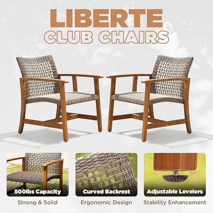 IDZO Liberte 500lbs Capacity Acacia Outdoor Club Chairs Set of 2, FSC Teak Finish Wood Upgraded Patio Furniture Sets with Upgraded 2000Hours UV Resistant Wicker