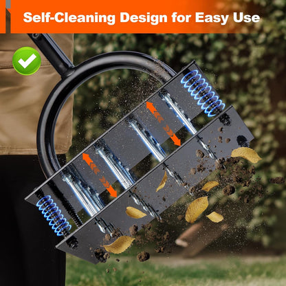 Bluesea Lawn Aerator Tool - 16 Iron Spikes with Ergonomic T-Handle, Automatic Dirt Clean for Soil Loosening & Yard Aeration, Manual Metal Grass Aerator (Black - Orange)