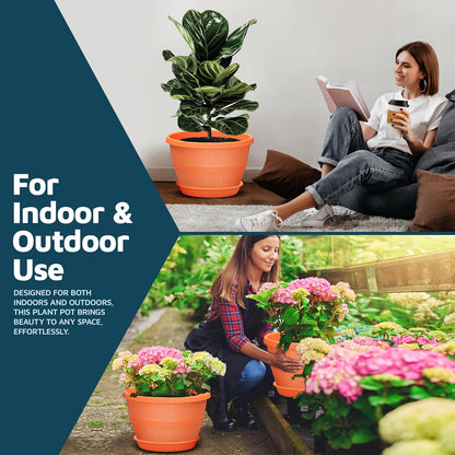 10-Inch Whiskey Barrel Planters Outdoor Pack of 2 - Durable Plastic Plant Pots for Indoor & Outdoor Use with Drainage & Saucer, Lightweight Rustic Barrel Planters for Flowers, Herbs & Small Plants