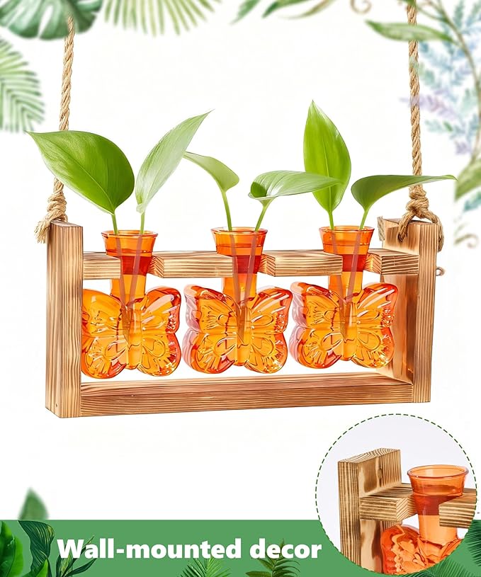 Nacome Butterfly Vase Propagation Stations: Glass Plant Terrarium with Wooden Stand for Home Office Desk Decor, Unique Gifts for Plant Lovers Women Mom (Orange)
