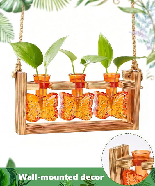 Nacome Butterfly Vase Propagation Stations: Glass Plant Terrarium with Wooden Stand for Home Office Desk Decor, Unique Gifts for Plant Lovers Women Mom (Orange)