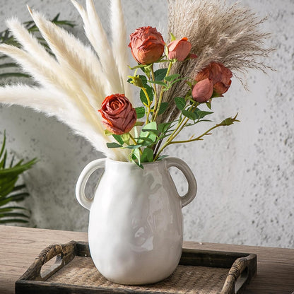 Kimdio White Ceramic Vase with 2 Handles, Modern Farmhouse Vases for Home Decor, Rustic Pottery Vase, Decorative Terracotta Flower Vase, Clay Small Vase, Centerpieces for Dining Table