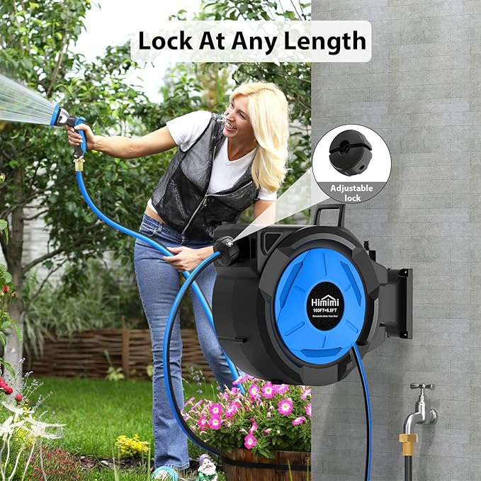 Retractable Garden Hose Reel, 1/2" x 100FT + 6.6FT Automatic Retractable Water Hose Reel Wall Mount, with 10- Function Sprayer Nozzle, Any Length Lock/Auto Rewind/180°Swivel