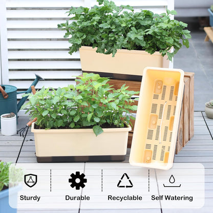 Window Box Planter 8 Pcs, 17 Inches Rectangle Flower Pots with Drainage Holes and Trays, Vegetable Planters for Windowsill Patio Garden Balcony Home Porch Yard Indoor Outdoor (Barley Yellow)