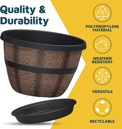 10-Inch Whiskey Barrel Planters Outdoor Pack of 20 - Durable Plastic Plant Pots for Indoor & Outdoor Use with Drainage & Saucer, Lightweight Rustic Barrel Planters for Flowers, Herbs & Small Plants