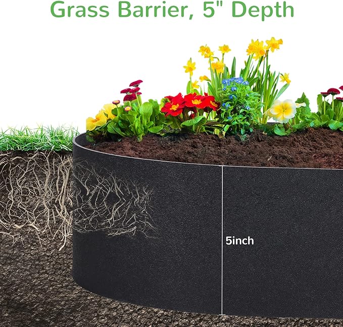 Black Plastic Garden Landscape Edging, 5” Tall Border Coil, Flexible and Strengthened with Anti-UV Treatment (100ft with 30pcs Stakes)