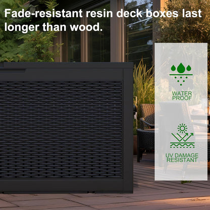 100 Gallon Outdoor Deck Box,Storage Lockable Waterproof Patio Furniture,Garden Tools,Cushions,Pool Accessories Outside Storage Resin Box(Black)