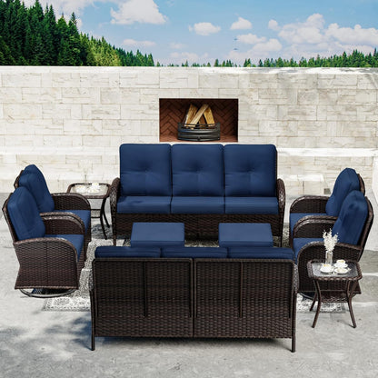 Joyside 10 Piece Patio Furniture Set, Outdoor Wicker Conversation Sets with Swivel Rocker Chairs and Sofa, Thick Cushion, Rattan Patio Sectional for Porch, Deck Use (Brown/Blue, 10 PCS)