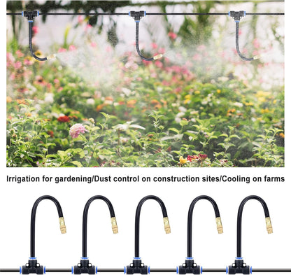 Mornajina 5Packs Brass Misting Nozzles Tee with 8inch Built in Hose for Outdoor Cooling System, Adjustable 360° Rotation, Water Mister Nozzles Thread Sprayer 0.043" (1.1 mm)