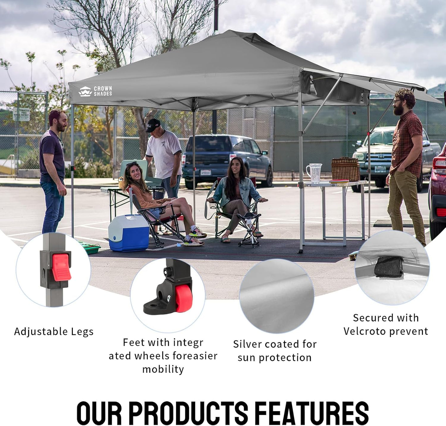 CROWN SHADES 10x10 Pop up Canopy Tent, Instant Commercial Canopy with Extend Awning, Patended Centerlock, 150D Silver Coated Fabric, 4 Ropes, 8 Stakes, 4 Weight Bags, STO 'N Go Bag, Grey