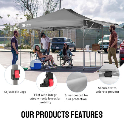 CROWN SHADES 10x10 Pop up Canopy Tent, Instant Commercial Canopy with Extend Awning, Patended Centerlock, 150D Silver Coated Fabric, 4 Ropes, 8 Stakes, 4 Weight Bags, STO 'N Go Bag, Grey