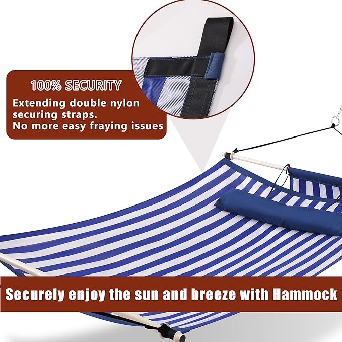 TegerDeger Anti-flip 12FT Hammock Large Hammock 450LB Capacity with Iron Spreader Bar & Nylon Rope for Outside, Patio, Garden, Backyard, Beach - Blue Strips