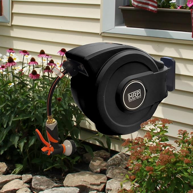 Retractable Garden Hose Reel, 50 ft Wall-Mounted Garden Hose with Automatic Rewind, 10-Function Spray Nozzle, 180° Swivel Bracket, Heavy-Duty Leak-Proof Design, Black