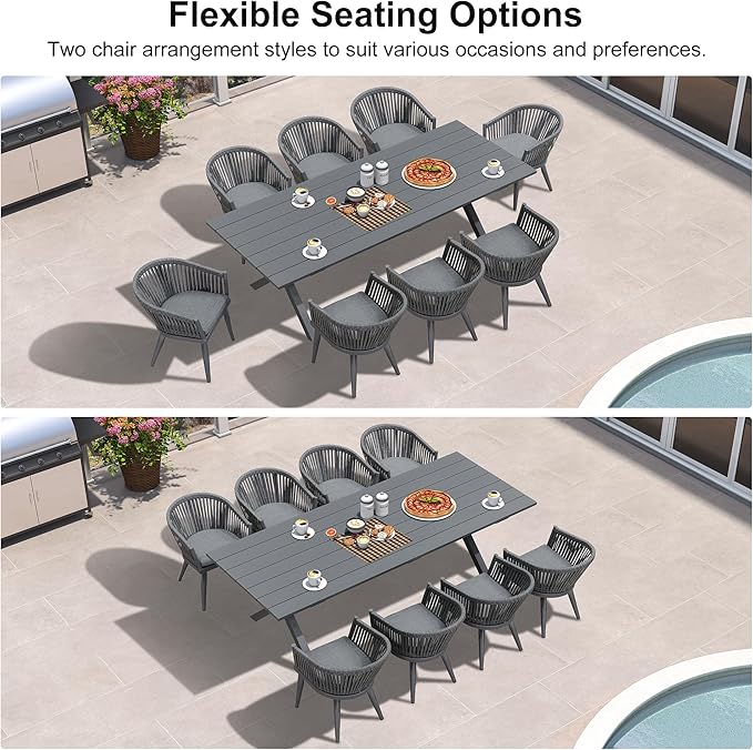 PURPLE LEAF 9 Piece Longer Outdoor Dining Set with Patio Aluminium Dining Table and Wicker Chairs Modern Furniture Cushions Sets for Backyard Indoor Decor Kitchen Gray