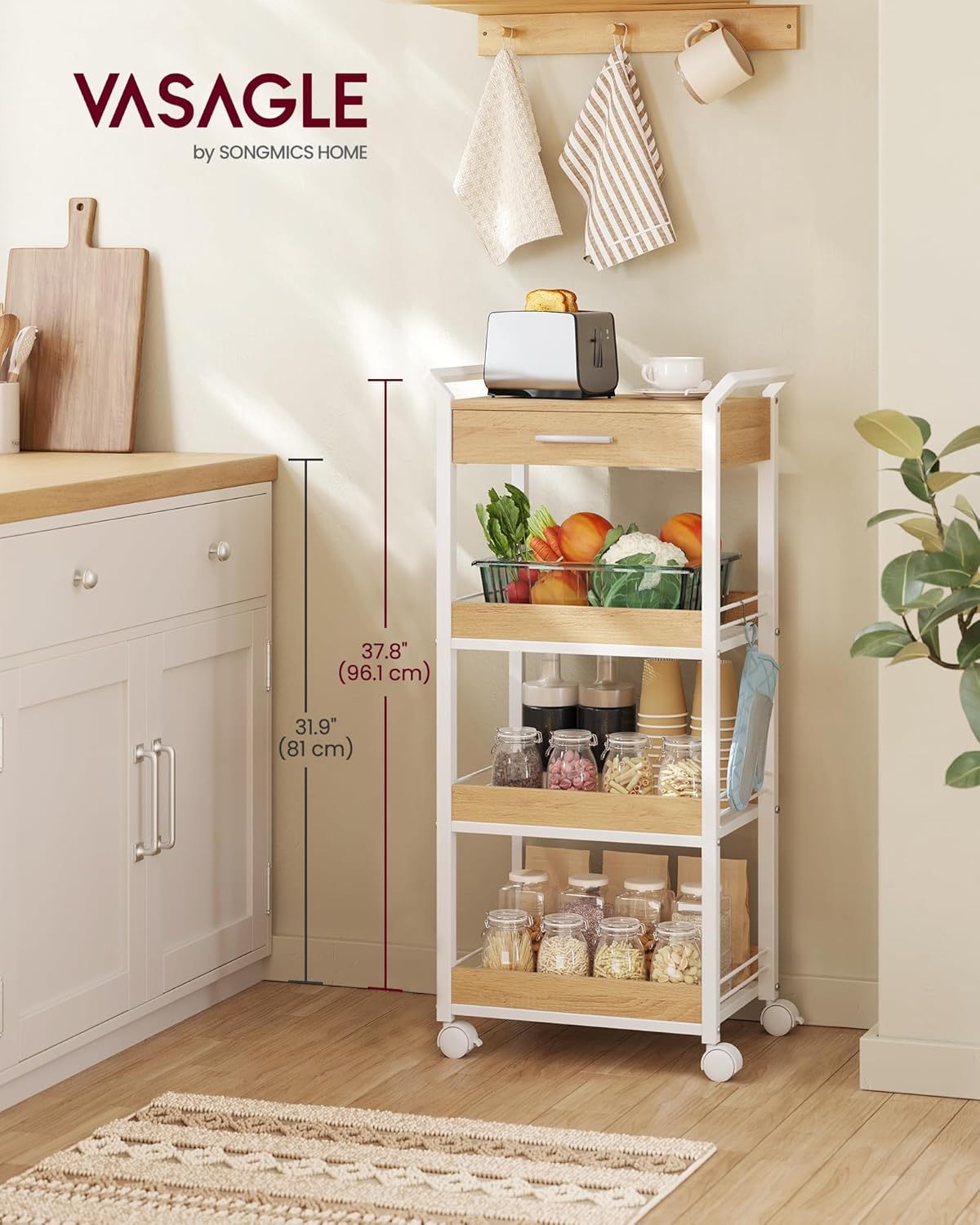 VASAGLE Storage Cart, 4-Tier Rolling Utility Cart with Table Top, Handles, 4 Lockable Casters, Top Drawer, Mesh Shelves, for Kitchen, Bathroom, Bedroom, Golden Oak and Cloud White ULRC049N01