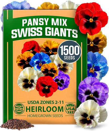 HOME GROWN Pansy Swiss Giants Mix - 1,500 Flower Seeds (2.13g) - Fall Planting Pansies Seed - Edible Viola Seeds - Cold Hardy Annuals for Containers & Outdoor Gardens (Viola × wittrockiana)