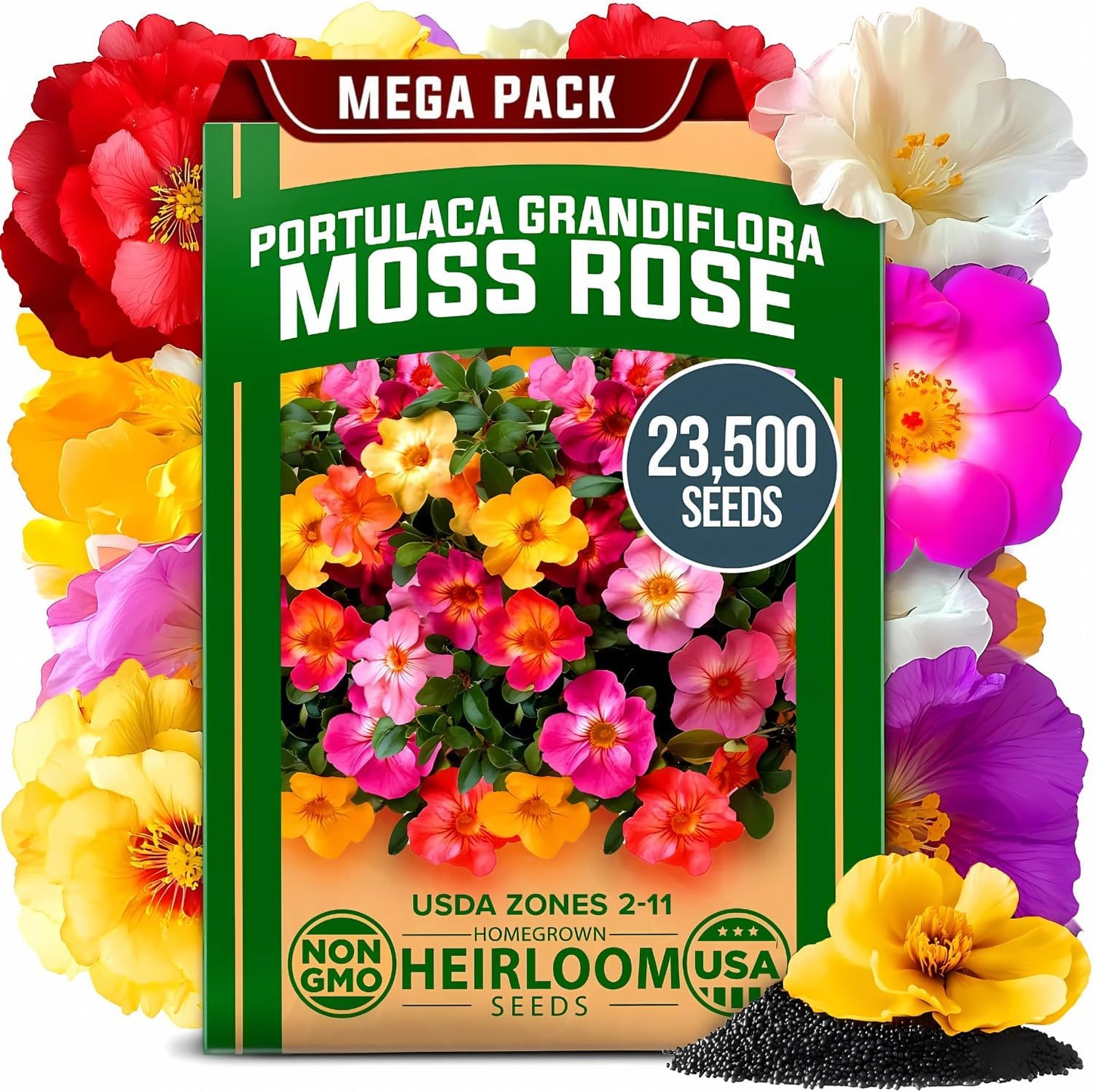 HOME GROWN 23,500+ Moss Rose Seeds (Bulk Pack) Annual Flower for Ground Cover - Heirloom 𝗡𝗢𝗡-𝗚𝗠𝗢 Portulaca Seeds for Planting Outdoors - Great for Low-Maintenance Gardens (Portulaca grandiflora)