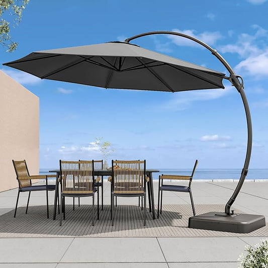 LAUSAINT HOME Outdoor Patio Umbrella with Base included, 11 FT Deluxe Curvy Cantilever Umbrella Heavy Duty Offset Hanging Umbrella with 360° Rotation for Market, Pool, Garden, Backyard, Deck (Grey)