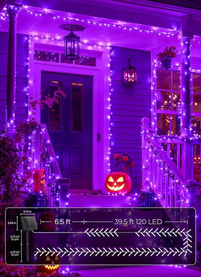 Brightown 4 Pack Halloween Solar String Lights, Total 184FT 480 LED Solar Lights Outdoor Waterproof Black Wire with 8 Modes, Solar Fairy Light for Garden Yard Patio Party Decors, Purple
