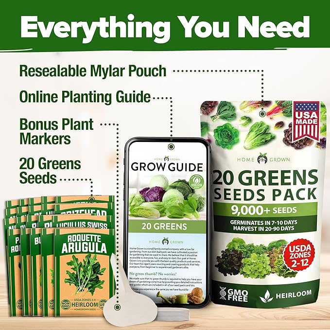 HOME GROWN 21,600+ Lettuce Seeds for Planting - 20 Heirloom Varieties, Non-GMO USA - Romaine, Butterhead, Iceberg, Leaf Lettuce, Spinach & Kale - Indoor, Outdoor & Hydroponic Garden Kit