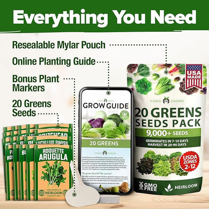 HOME GROWN 21,600+ Lettuce Seeds for Planting - 20 Heirloom Varieties, Non-GMO USA - Romaine, Butterhead, Iceberg, Leaf Lettuce, Spinach & Kale - Indoor, Outdoor & Hydroponic Garden Kit