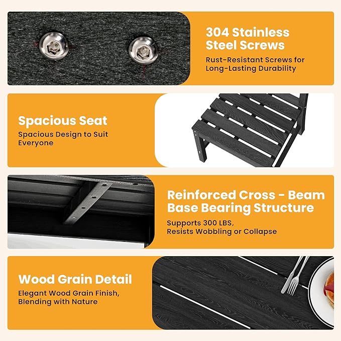 Pamapic 5 PCS Round Outdoor Dining Set, Wood Grain HDPE Outdoor Table and Chairs with 105° Ergonomic Backrest, Durable Patio Dining Table with Umbrella Hole, Black