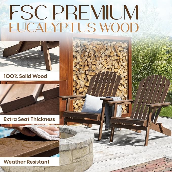 IDZO Outdoor Wooden Folding Adirondack Pre-Assembled BackRest, Wood Patio Chair for Garden Backyard Porch Pool Deck Firepit