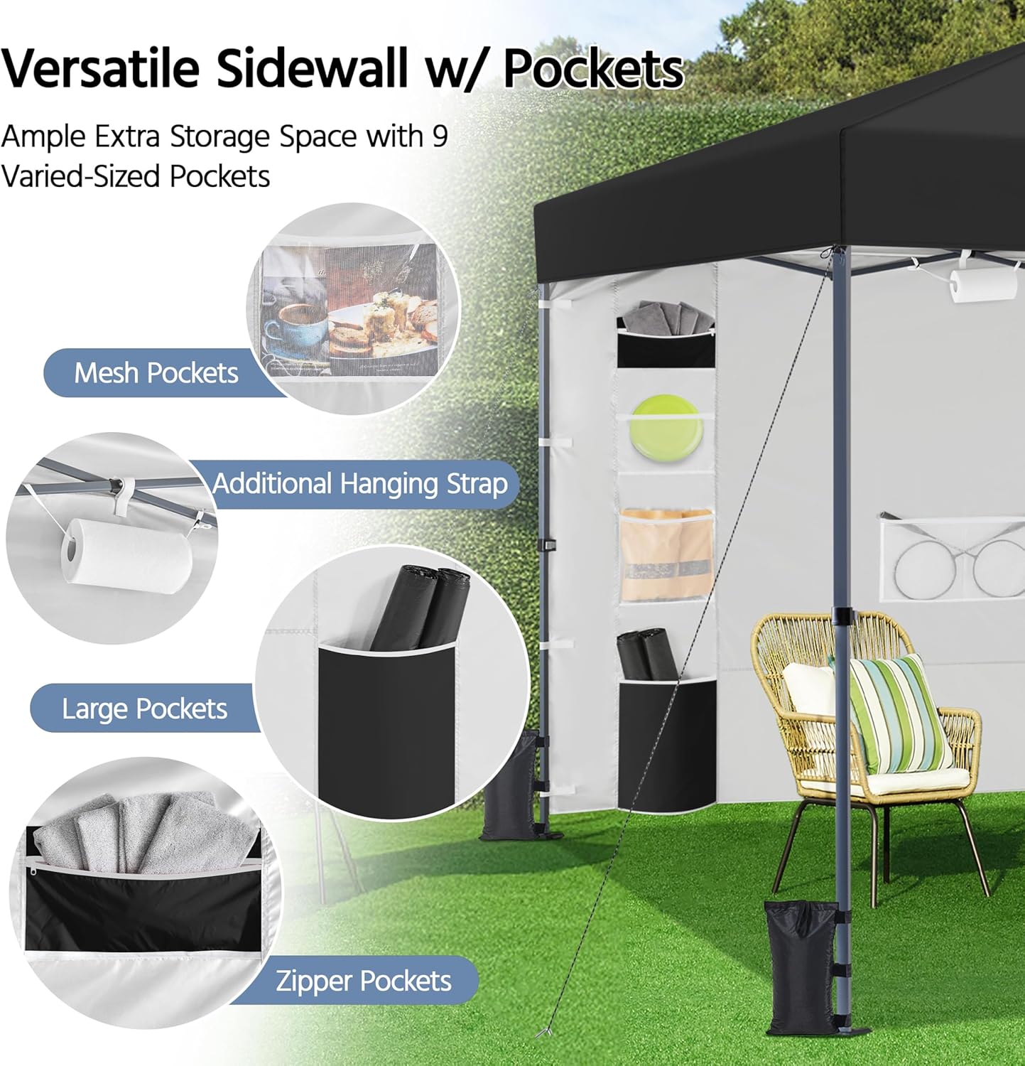 Yaheetech 10x10 Pop-up Canopy Tent w/Removable Pockets Sidewall for Extra Storage, Outdoor Sun Shelter Waterproof & Durable w/Wheeled Bag, Sandbags & Guylines for Beach Camping Party (Black)