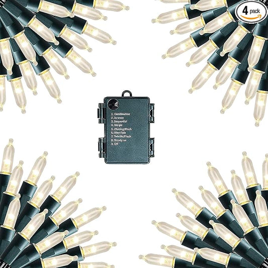 Dazzle Bright 4 Pack Warm White Christmas Mini String Lights, Total 200LED 64FT Batter Operated Waterproof Fairy Lights with 8 Modes for Xmas Indoor Outdoor Yard Garden Holiday Wedding Decorations