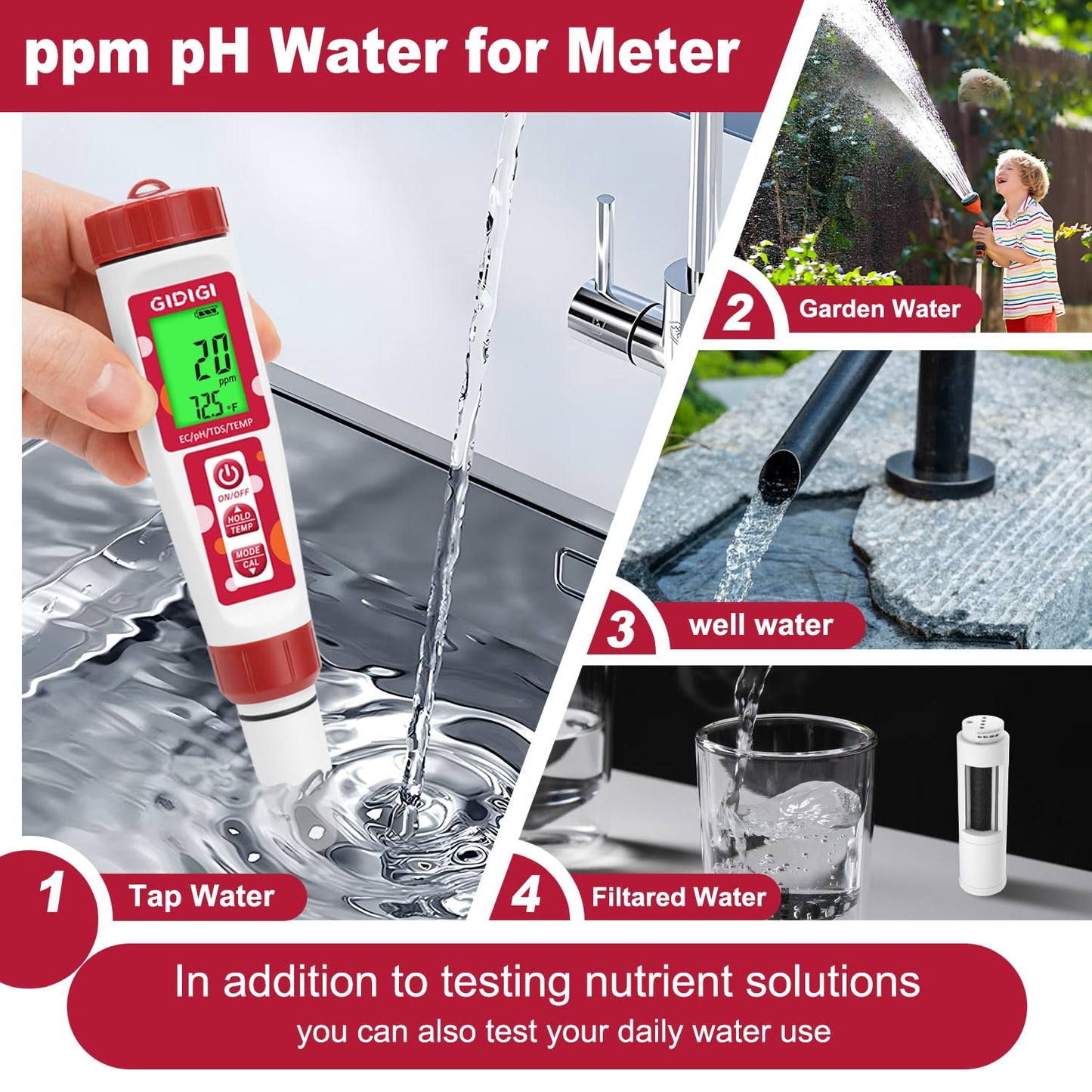 pH Tester,Digital pH Meter for Water,TDS Meter for Drinking Water with pH Calibration Solution 4 in 1 TDS pH EC Meter for Nutrients Water,Aquarium,Drinking Water,Tap Water,Irrigation Water