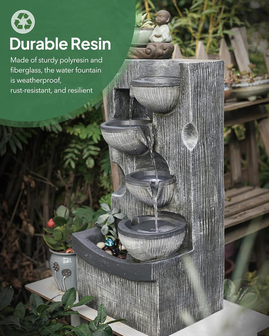 23.43" H Outdoor Water Fountain, 5 Tiers Bowls Garden Water Fountains with LED Light, Modern Natural Waterfall Fountain for Garden, Patio, Yard and Home Art Decor