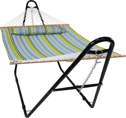 Sunnydaze Double Quilted Fabric Hammock with Universal Steel Stand - 450-Pound Capacity - Black Stand - Blue and Green