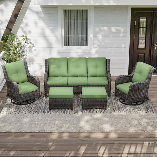 5 Pieces Outdoor Patio Furniture Set - Conversation Set Includes Wicker Swivel Rocker Chairs Set of 2, 2 Ottoman, 3 Seat Sofa, Suitable for Porch, Yard, Mixed Brown Rattan, Green