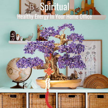 Natural Amethyst Gemstone Crystal Bonsai Tree of Life Large Feng Shui Money Chakra Tree for Luck and Wealth Desk Decoration(1,251 Gem Count)
