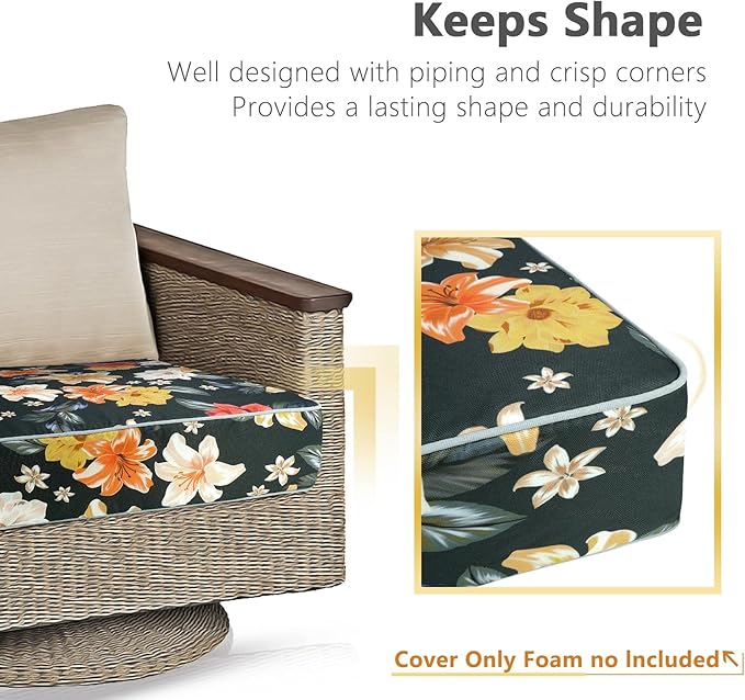 Porch Shield Outdoor Patio Chair Seat Cushion Covers Set 4 Waterproof Fade Resistant Cushion Slipcovers 20 x 18 x 4 inch, Floral Black