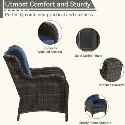 7 Pieces Outdoor Patio Conversation Set, Wicker Furniture Set Includes 3-Seat Sofa, Patio Rattan Dining Chair Set of 4, 2 Ottomans, for Porch, Yard, Mixed Brown Rattan, Blue