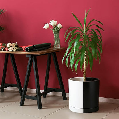 D'vine Dev 10 Inch Ceramic Planter Pot with Drainage Hole and Saucer, Indoor Cylinder Round Planter Pot, Split Monochrome Black & White, 94-O-E-0