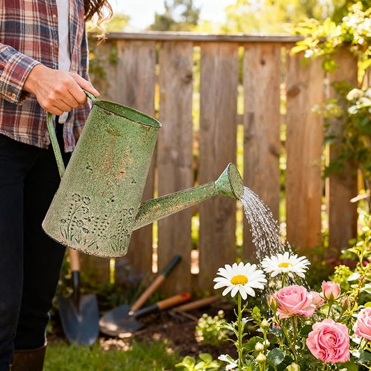 Vintage Green Metal Watering Can, Functional Garden Waterer with Floral Embossed for Indoor Outdoor Plant Care, Rustic Decor for Home Garden Patio