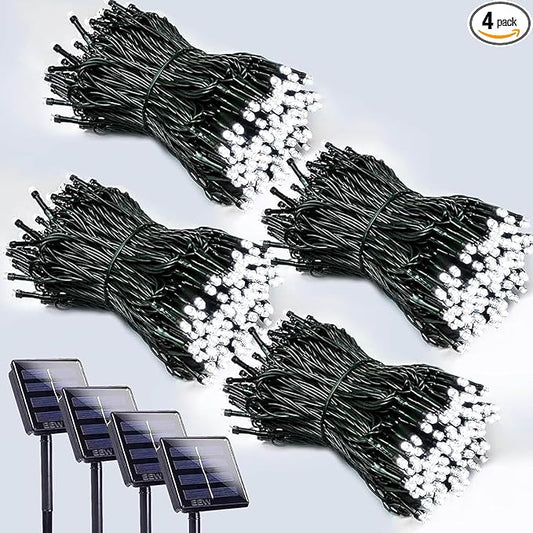 4 Pack 400 LED Solar String Lights for Outside, Solar Christmas Lights Outdoor with 8 Lighting Modes, Waterproof Green Wire Solar Powered Tree Light for Xmas Party Yard Garden Decorations (Cool White)