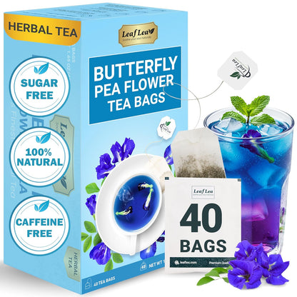 LeafLea 40 Butterfly Pea Flower Tea Bags, Herbal Flower Tea for Relaxation, Mocktails, and Natural Food Coloring, Caffeine-Free, Sugar-Free, Non-GMO