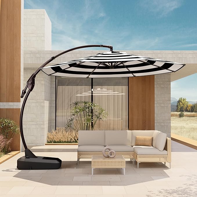 Grand patio 12 FT Patio Cantilever Umbrella Outdoor Large Round Aluminum Offset Umbrella Base Included for Deck Yard (Black & White, 12 FT)