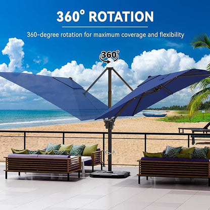 9' X 12' Cantilever Patio Umbrella with Base Included 360°Rotation Rectangular Outdoor Large Offset Umbrellas Heavy Duty Windproof for Garden Deck Pool, Navy