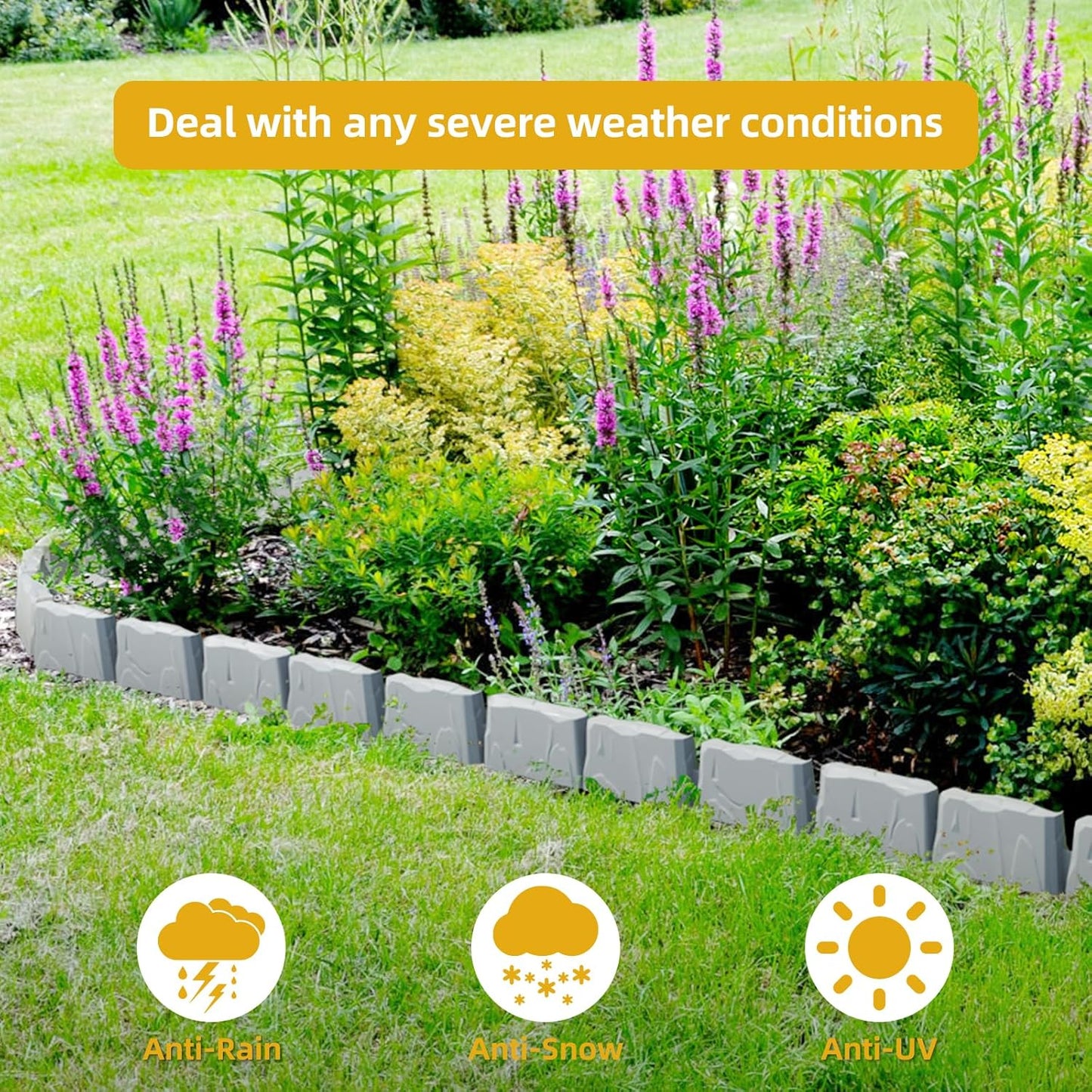 16 Pack(24FT) Landscape Edging w/ 48 Spikes | Flexible Plastic Border for Outdoor, Walkway, Lawn & Weed Control | 24" L x 3" H Faux Stone Edging for Landscaping,Garden Edging Border Stone(Gray) ﻿﻿