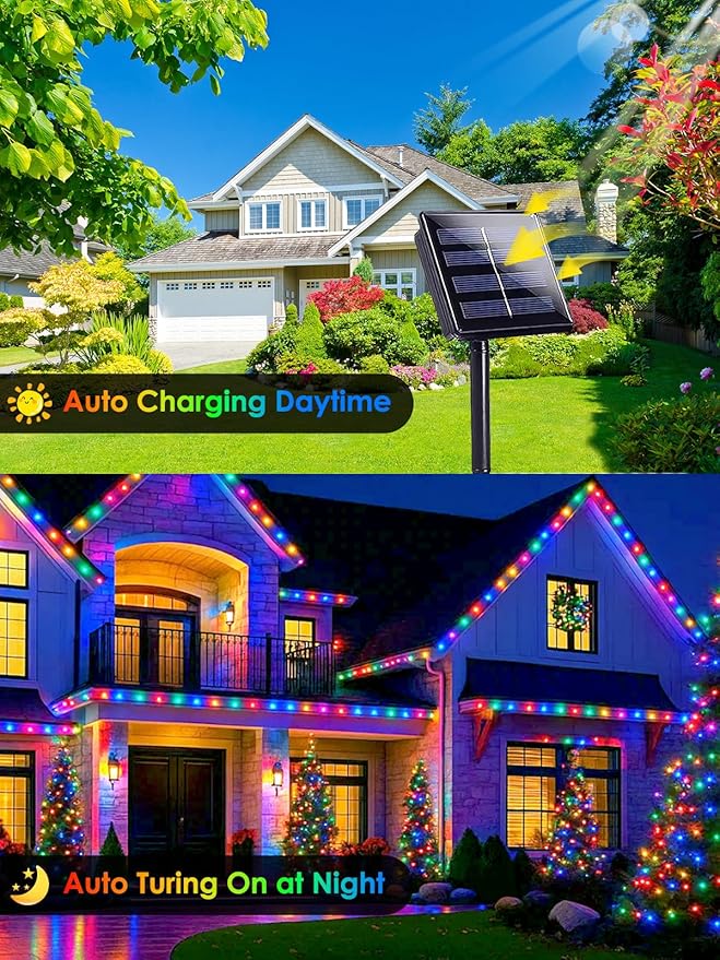 4 Pack 180FT Solar Christmas Lights Outdoor Waterproof, Super Bright 320 LED Solar String Lights with 8 Lighting Modes, Green Wire Twinkle Tree Light for Outside Xmas Party Decorations (Multi-Colored)