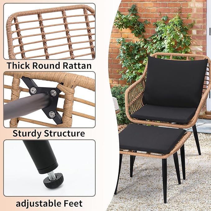 5 Piece Wicker Bistro Patio Conversation Furniture Set, Includes 2 Chairs, 2 Ottomans, and Side Table, Ideal for Porch, Balcony, Deck, Backyard, Natural