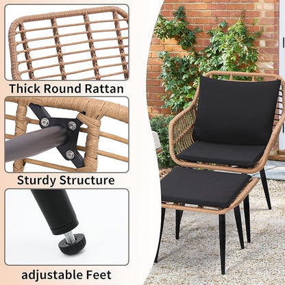5 Piece Wicker Bistro Patio Conversation Furniture Set, Includes 2 Chairs, 2 Ottomans, and Side Table, Ideal for Porch, Balcony, Deck, Backyard, Natural